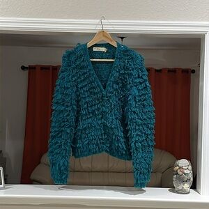 Vintage Cee Michelle Of California Fringe Teal Button Front Blazer Jacket Size S